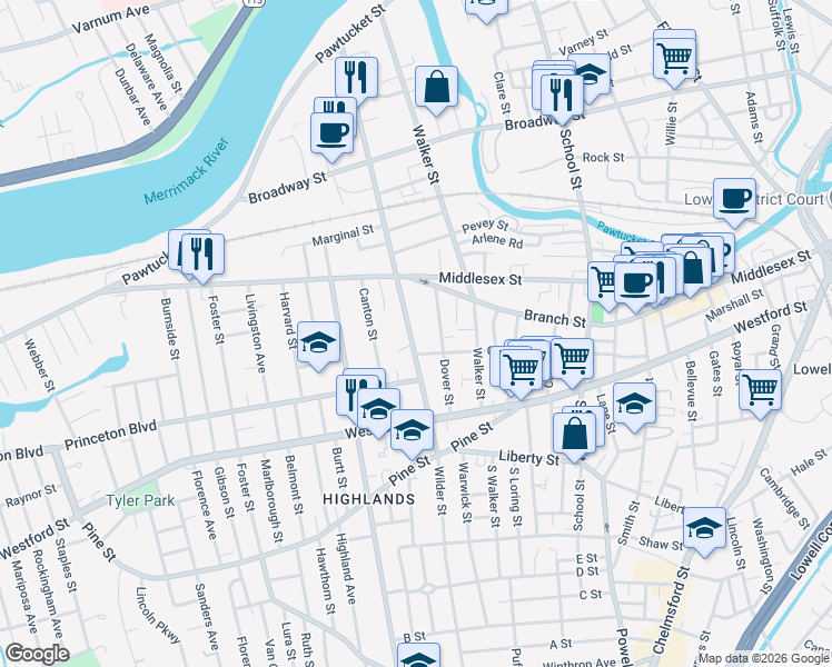 map of restaurants, bars, coffee shops, grocery stores, and more near 21 Dover Street in Lowell