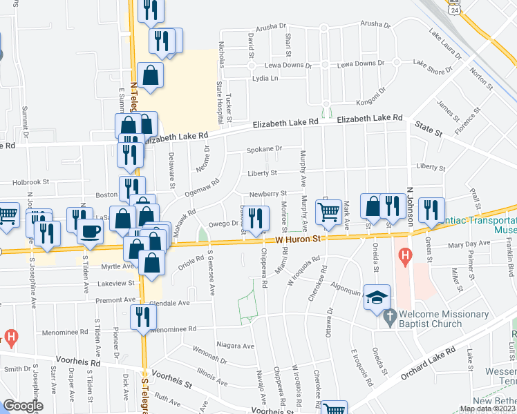 map of restaurants, bars, coffee shops, grocery stores, and more near 51 Waldo Street in Pontiac