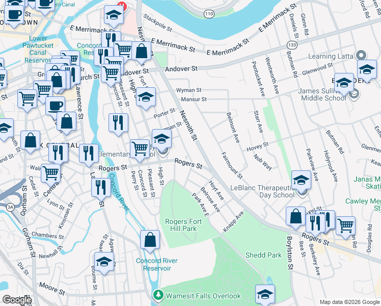 map of restaurants, bars, coffee shops, grocery stores, and more near 263 Nesmith Street in Lowell