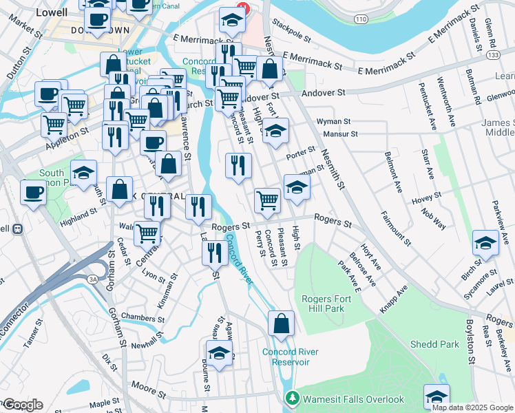 map of restaurants, bars, coffee shops, grocery stores, and more near 165 Pleasant Street in Lowell