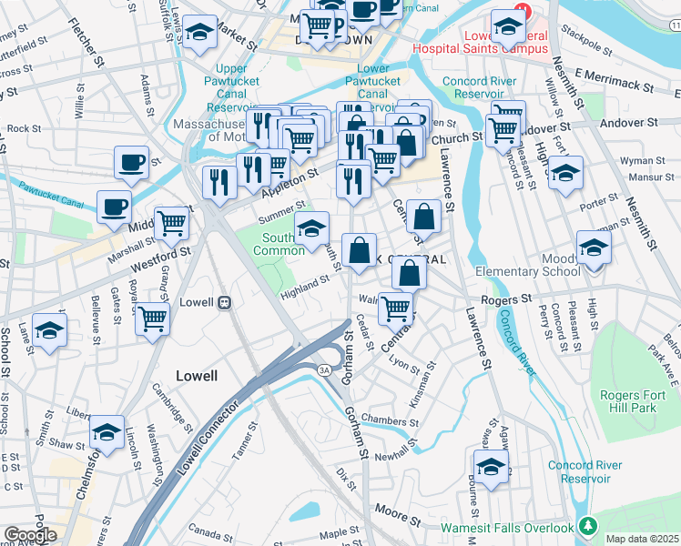 map of restaurants, bars, coffee shops, grocery stores, and more near 171R South Street in Lowell