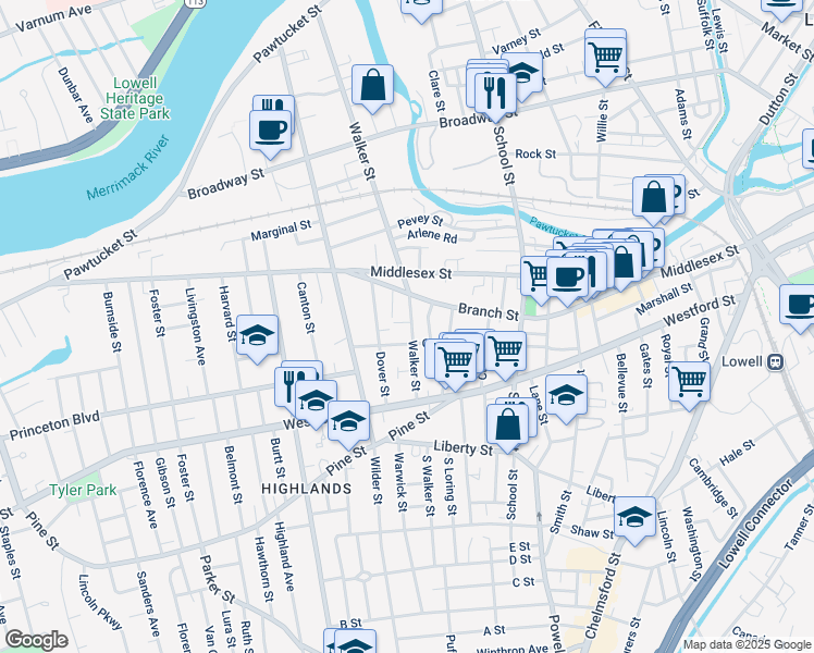 map of restaurants, bars, coffee shops, grocery stores, and more near 331 Walker Street in Lowell
