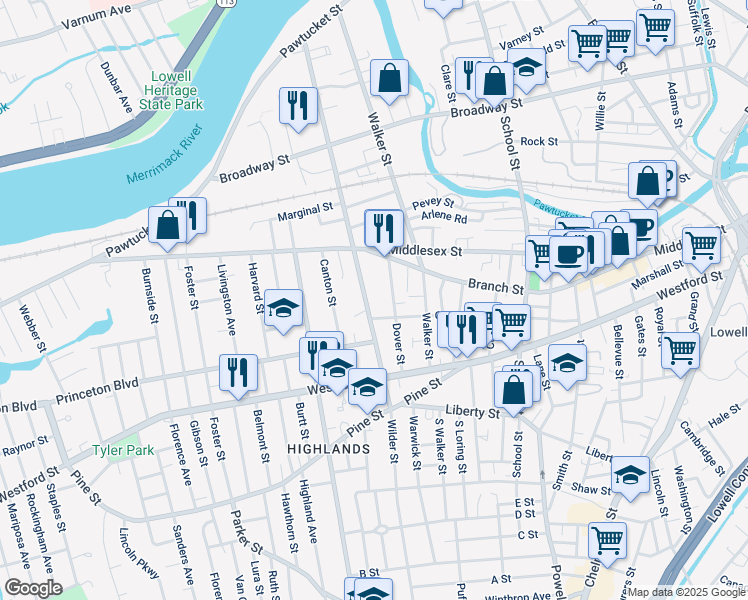 map of restaurants, bars, coffee shops, grocery stores, and more near 21 Dover Street in Lowell
