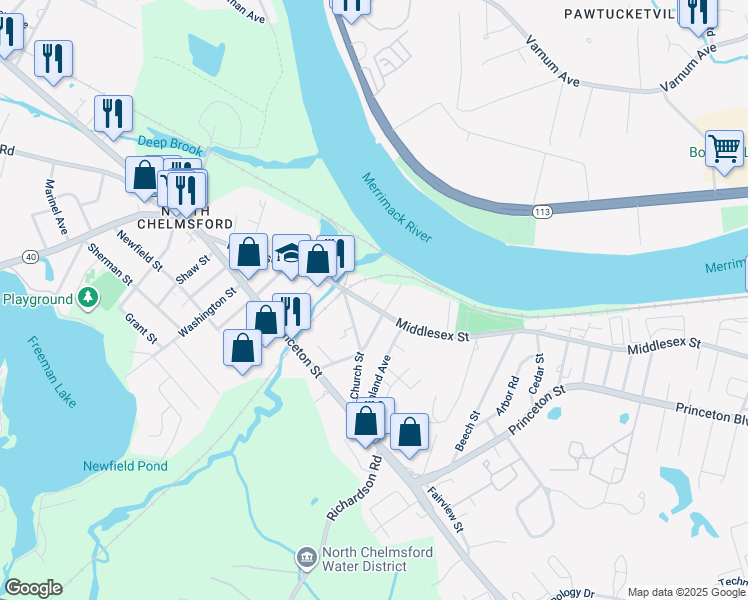 map of restaurants, bars, coffee shops, grocery stores, and more near 72 Middlesex Street in Chelmsford