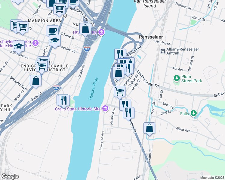 map of restaurants, bars, coffee shops, grocery stores, and more near 75 Broadway in Rensselaer