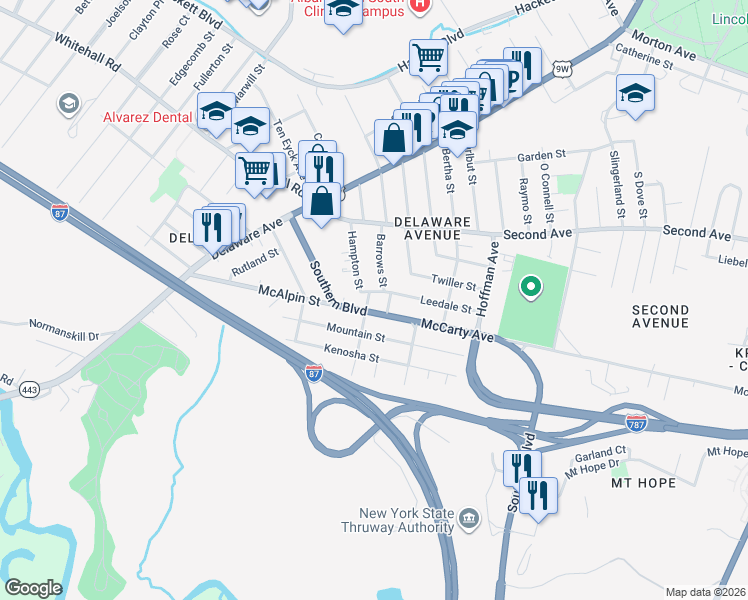 map of restaurants, bars, coffee shops, grocery stores, and more near 41 Barrows Street in Albany