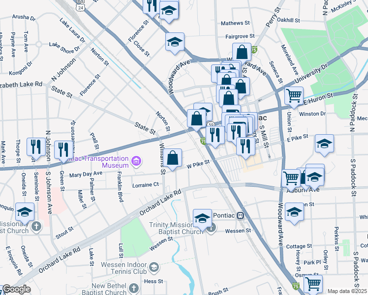 map of restaurants, bars, coffee shops, grocery stores, and more near 121 West Huron Street in Pontiac