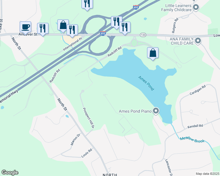 map of restaurants, bars, coffee shops, grocery stores, and more near 1400 Ames Hill Drive in Tewksbury