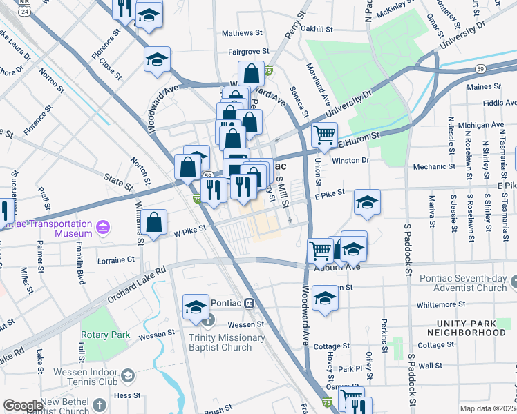 map of restaurants, bars, coffee shops, grocery stores, and more near 28 North Saginaw Street in Pontiac