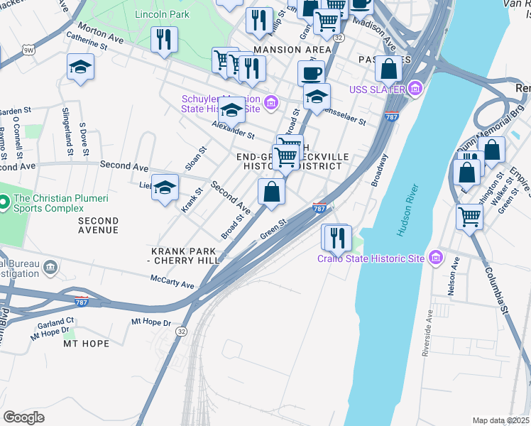map of restaurants, bars, coffee shops, grocery stores, and more near 439 1/2 South Pearl Street in Albany