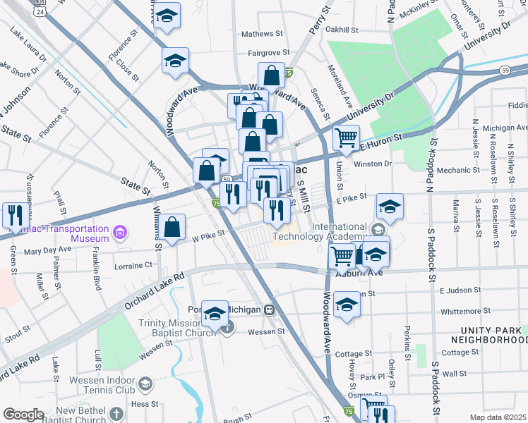 map of restaurants, bars, coffee shops, grocery stores, and more near 28 North Saginaw Street in Pontiac