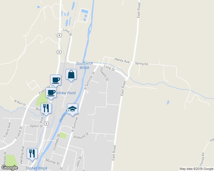 map of restaurants, bars, coffee shops, grocery stores, and more near 14 Powers Street in Adams