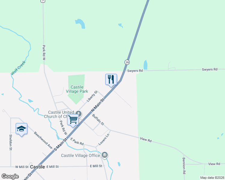 map of restaurants, bars, coffee shops, grocery stores, and more near 104 N Main St in Castile