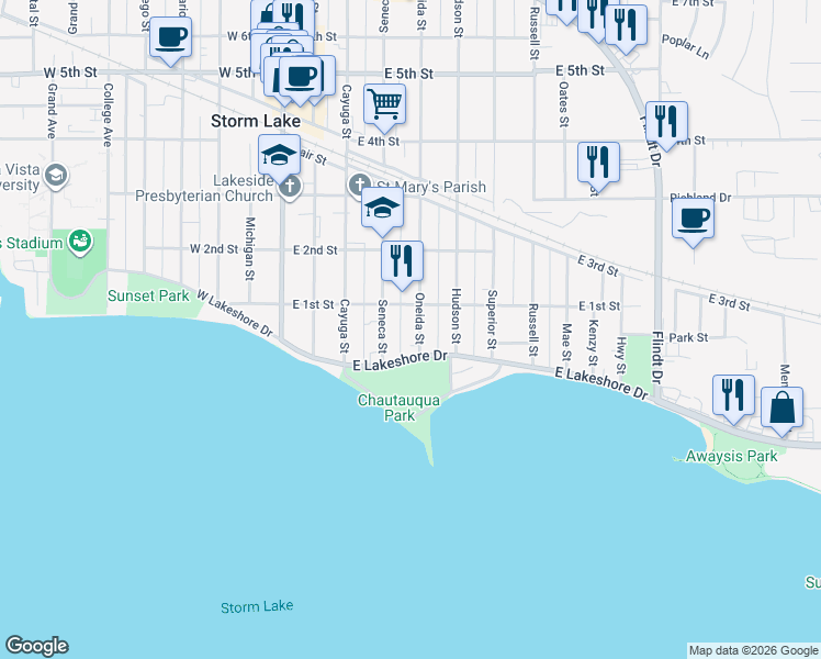 map of restaurants, bars, coffee shops, grocery stores, and more near 124 Oneida Street in Storm Lake