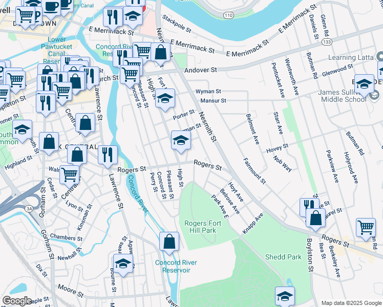 map of restaurants, bars, coffee shops, grocery stores, and more near 196 Rogers Street in Lowell