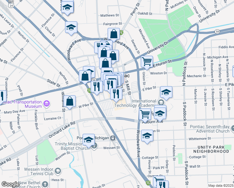 map of restaurants, bars, coffee shops, grocery stores, and more near 28 North Saginaw Street in Pontiac