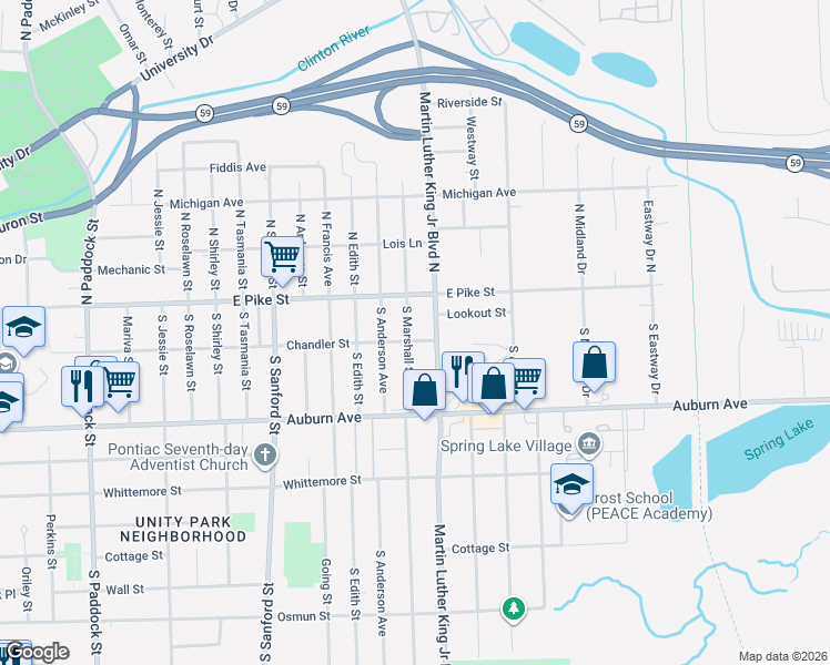 map of restaurants, bars, coffee shops, grocery stores, and more near 19 South Marshall Street in Pontiac
