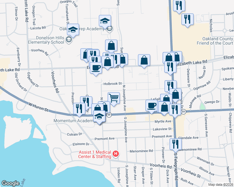 map of restaurants, bars, coffee shops, grocery stores, and more near 1120 Boston Avenue in Waterford Township