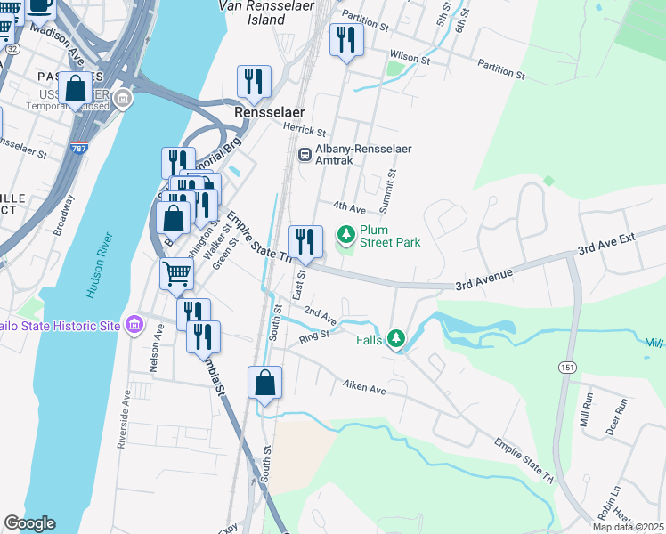 map of restaurants, bars, coffee shops, grocery stores, and more near 21 Plum Street in Rensselaer