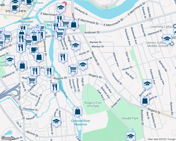 map of restaurants, bars, coffee shops, grocery stores, and more near 196 Rogers Street in Lowell