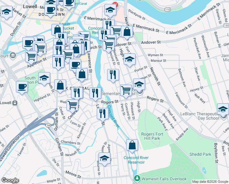map of restaurants, bars, coffee shops, grocery stores, and more near 170 Perry Street in Lowell