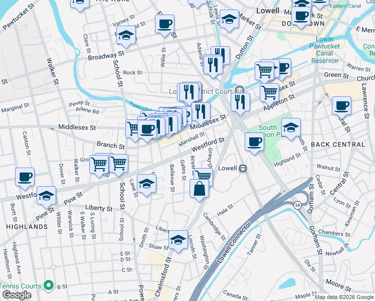 map of restaurants, bars, coffee shops, grocery stores, and more near 75 Westford Street in Lowell