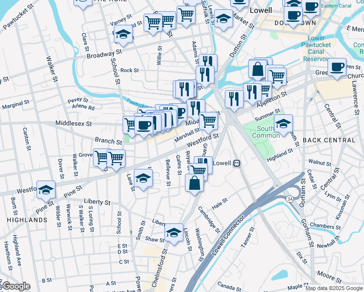 map of restaurants, bars, coffee shops, grocery stores, and more near 75 Westford Street in Lowell
