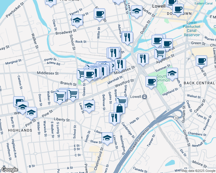 map of restaurants, bars, coffee shops, grocery stores, and more near 12 East Pine Street in Lowell