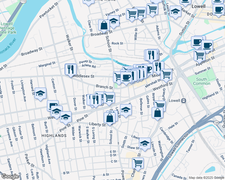 map of restaurants, bars, coffee shops, grocery stores, and more near 115 Branch Street in Lowell