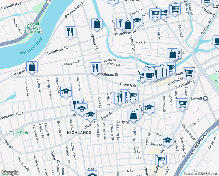 map of restaurants, bars, coffee shops, grocery stores, and more near 331 Walker Street in Lowell