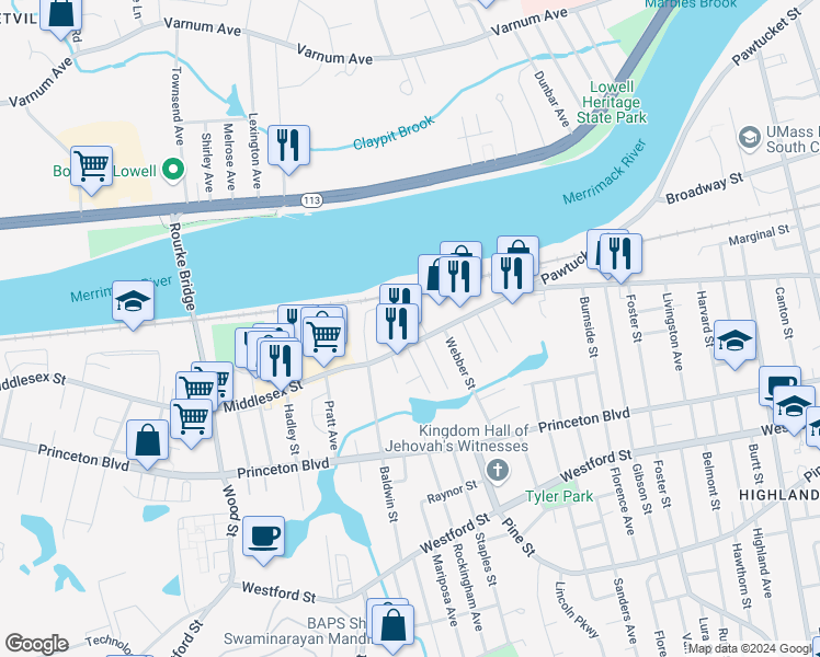 map of restaurants, bars, coffee shops, grocery stores, and more near 1541 Middlesex Street in Lowell