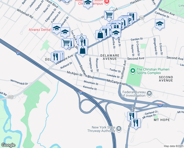 map of restaurants, bars, coffee shops, grocery stores, and more near 41 Barrows Street in Albany