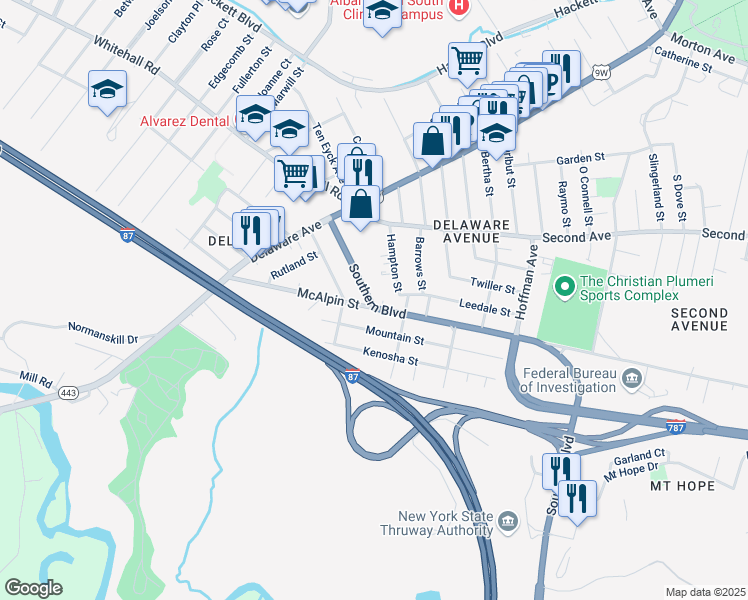 map of restaurants, bars, coffee shops, grocery stores, and more near 75 Southern Boulevard in Albany