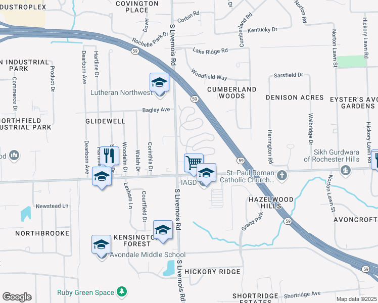 map of restaurants, bars, coffee shops, grocery stores, and more near 2810 Lower Ridge Drive in Rochester Hills