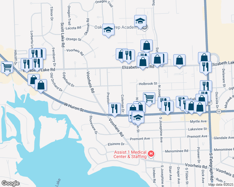 map of restaurants, bars, coffee shops, grocery stores, and more near 2725 Edgefield Drive in Waterford Township