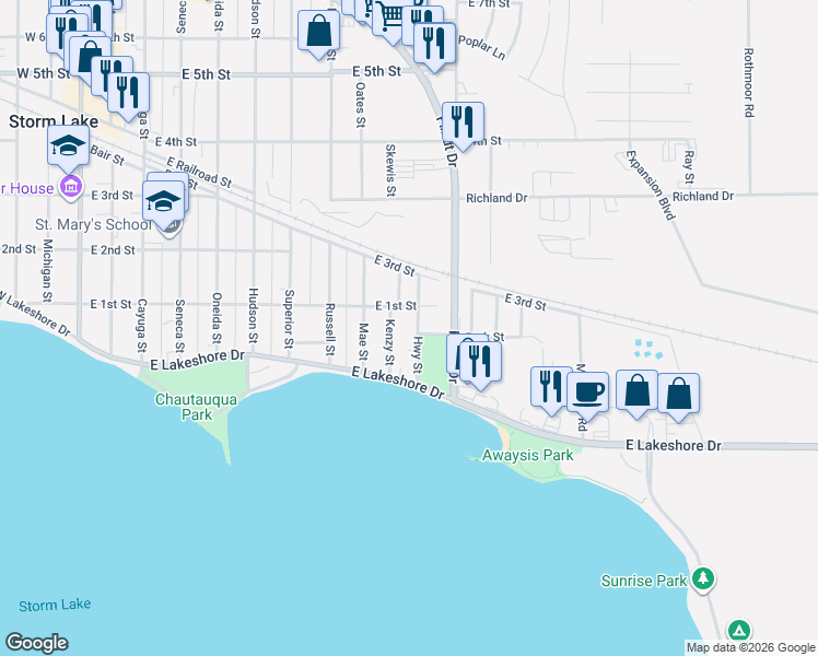 map of restaurants, bars, coffee shops, grocery stores, and more near 141 Kenzy Street in Storm Lake