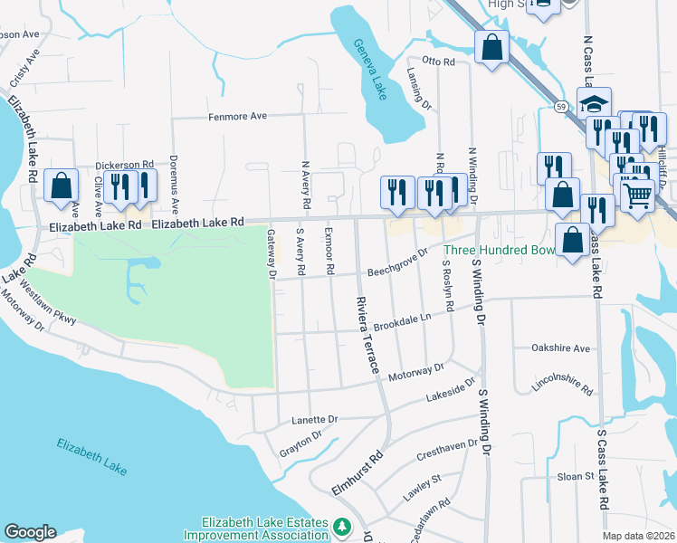 map of restaurants, bars, coffee shops, grocery stores, and more near 82 Riviera Terrace in Waterford Township