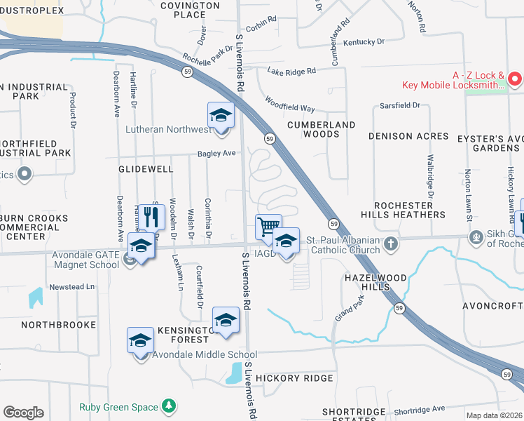 map of restaurants, bars, coffee shops, grocery stores, and more near 2840 Lower Ridge Drive in Rochester Hills