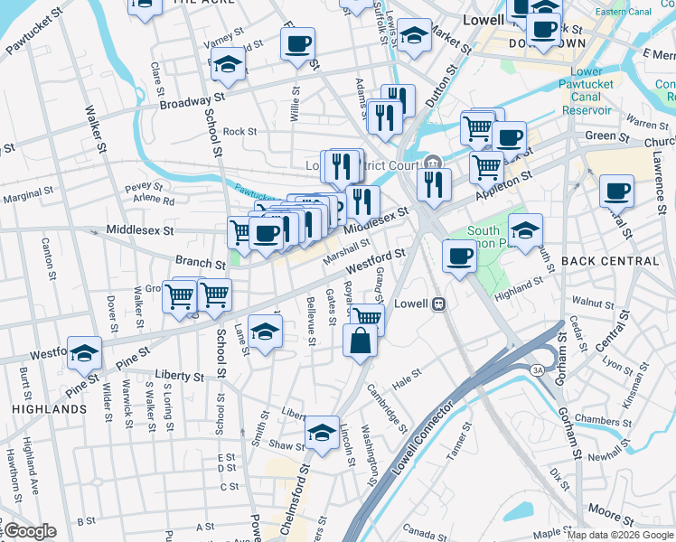 map of restaurants, bars, coffee shops, grocery stores, and more near 75 Westford Street in Lowell