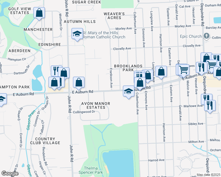 map of restaurants, bars, coffee shops, grocery stores, and more near 1295 East Auburn Road in Rochester Hills