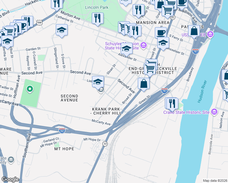 map of restaurants, bars, coffee shops, grocery stores, and more near 29 Odell Street in Albany