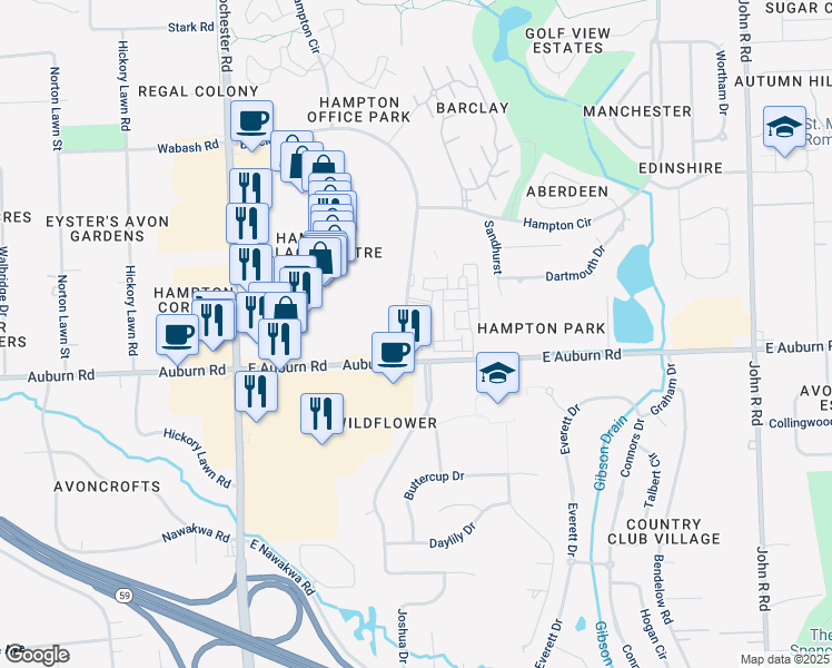 map of restaurants, bars, coffee shops, grocery stores, and more near 947 Barclay Circle in Rochester Hills