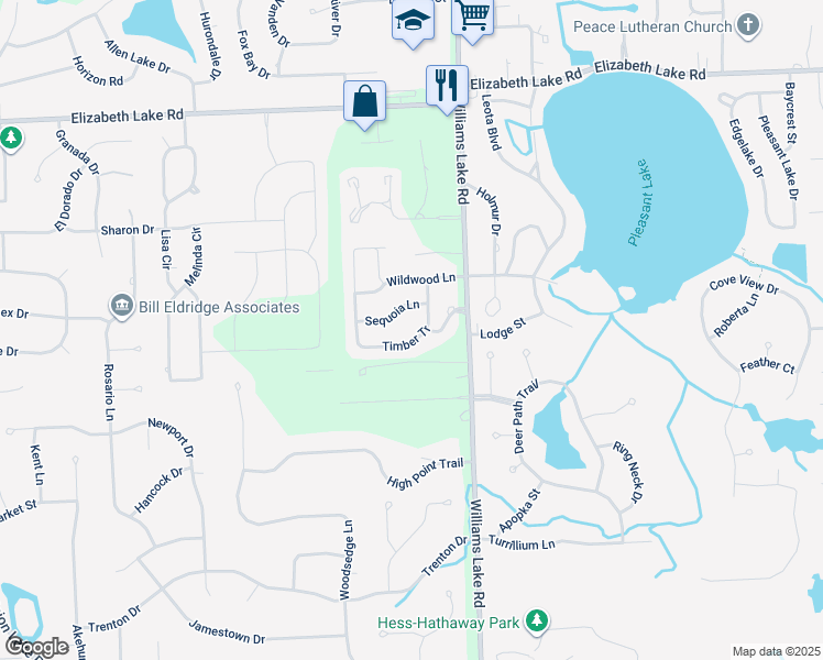 map of restaurants, bars, coffee shops, grocery stores, and more near 8037 Bridgestone Boulevard in White Lake charter Township