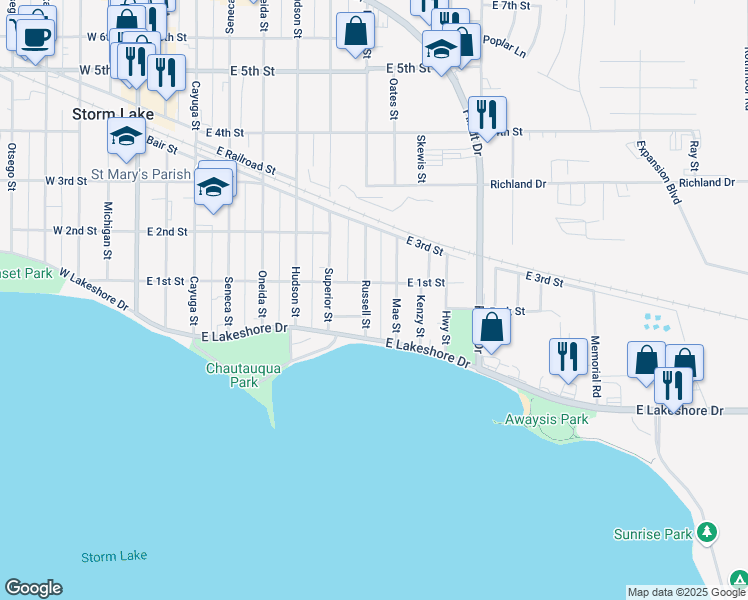 map of restaurants, bars, coffee shops, grocery stores, and more near 138 Mae Street in Storm Lake