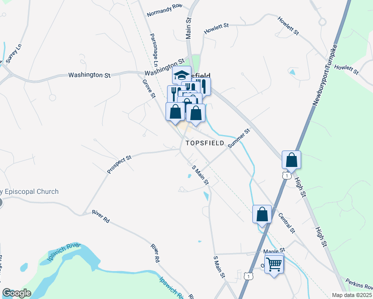 map of restaurants, bars, coffee shops, grocery stores, and more near 18 South Main Street in Topsfield