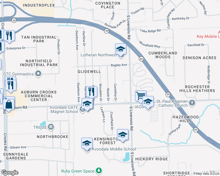 map of restaurants, bars, coffee shops, grocery stores, and more near 2892 Walsh Drive in Rochester Hills