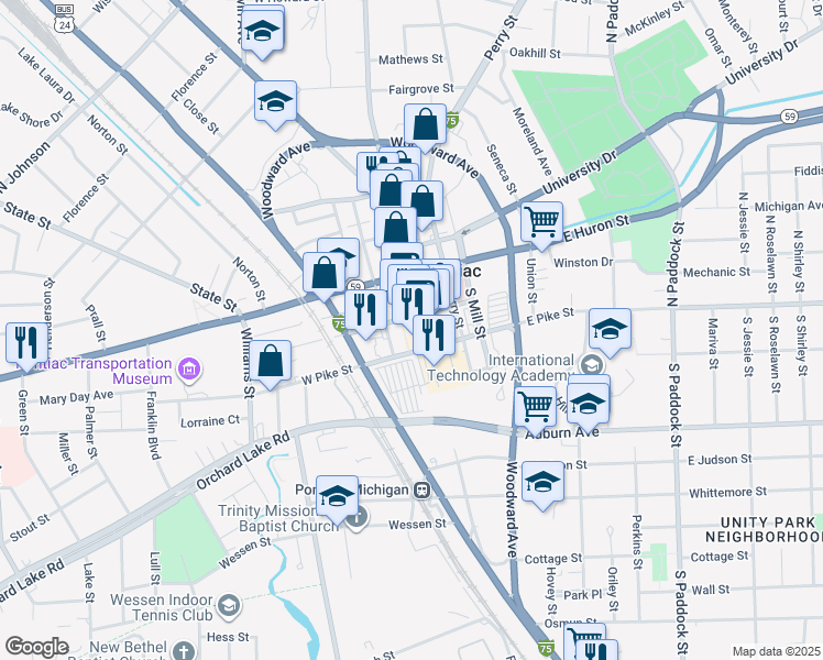 map of restaurants, bars, coffee shops, grocery stores, and more near 19 North Saginaw Street in Pontiac