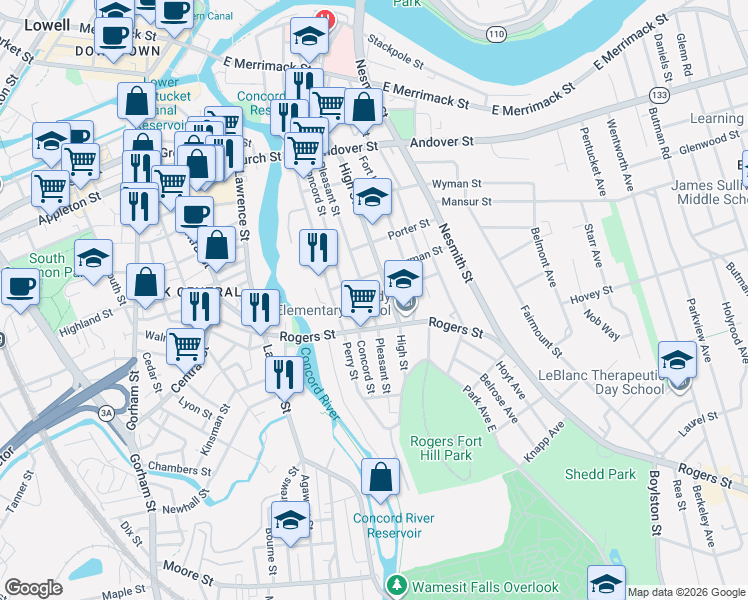 map of restaurants, bars, coffee shops, grocery stores, and more near 434 High Street in Lowell