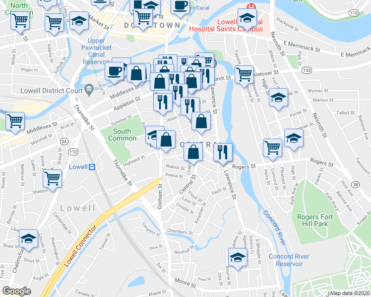 map of restaurants, bars, coffee shops, grocery stores, and more near 57 Elm Street in Lowell