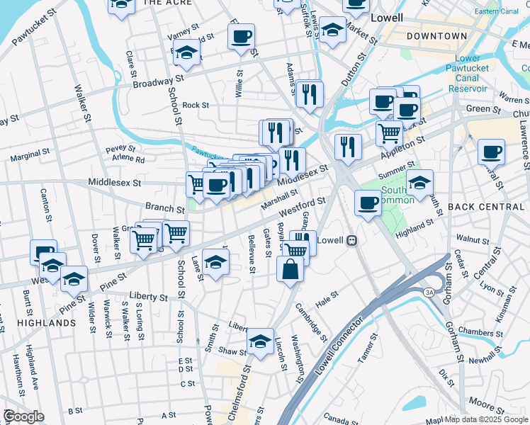 map of restaurants, bars, coffee shops, grocery stores, and more near 12 East Pine Street in Lowell